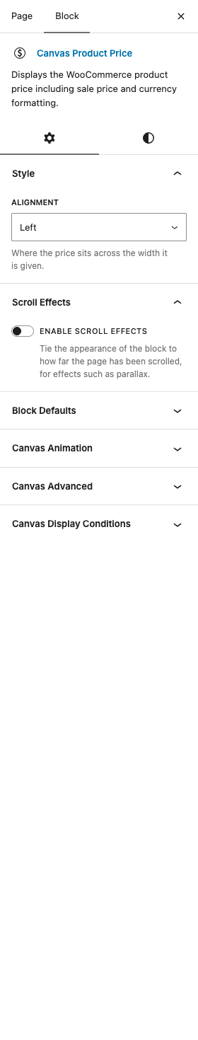 The Product Price settings in the block editor sidebar