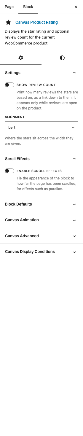 The Product Rating settings in the block editor sidebar