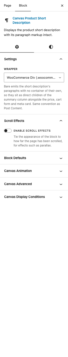 The Product Short Description settings in the block editor sidebar