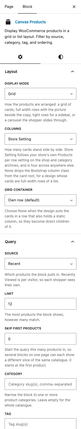 The Products settings in the block editor sidebar