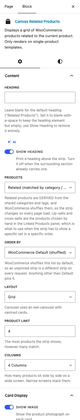 The Related Products settings in the block editor sidebar