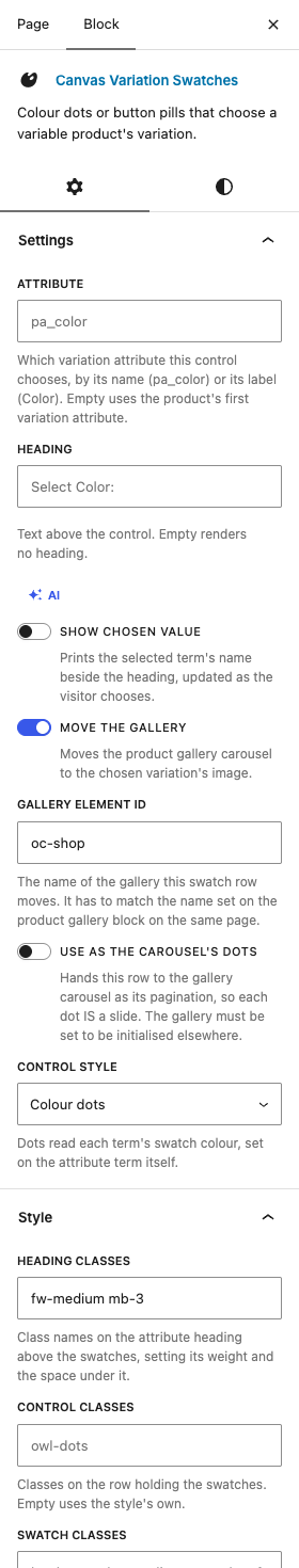 The Variation Swatches settings in the block editor sidebar