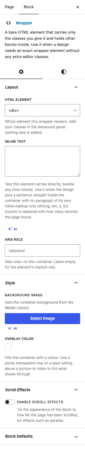 The Wrapper settings in the block editor sidebar