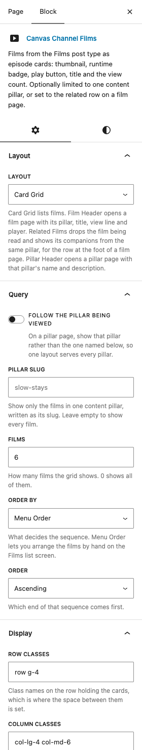 The Channel Films settings in the block editor sidebar