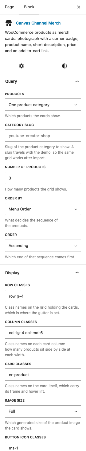 The Channel Merch settings in the block editor sidebar
