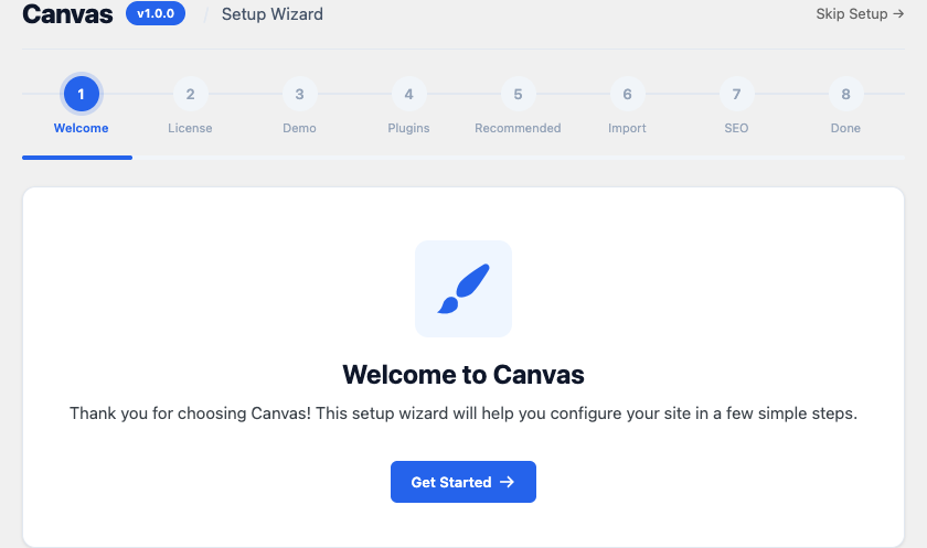 The Welcome step of the Canvas setup wizard
