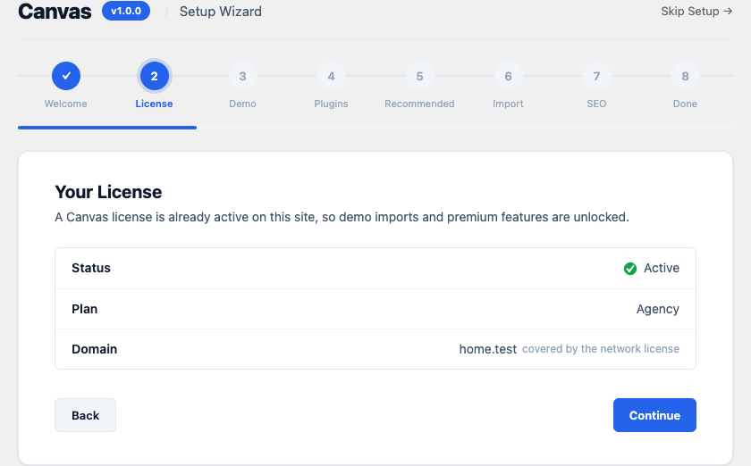 The Activate Your License step of the Canvas setup wizard, with the key field empty