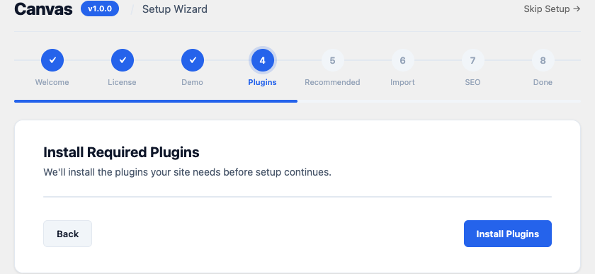 The Install Required Plugins step of the Canvas setup wizard