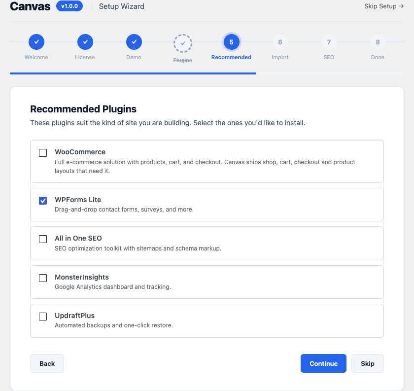 The Recommended Plugins step of the Canvas setup wizard