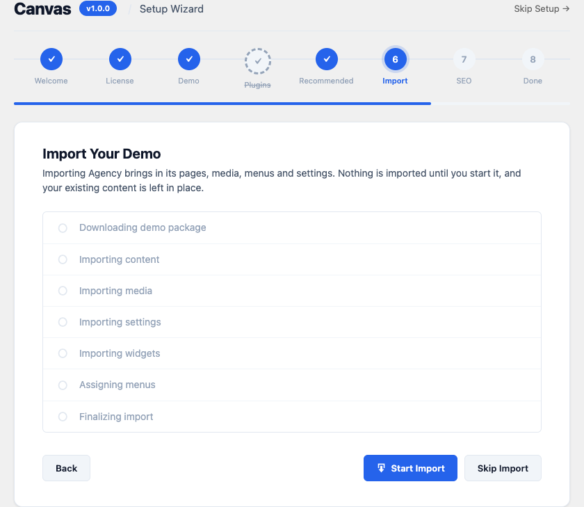 The Import Your Demo step of the Canvas setup wizard, listing the seven stages with a Start Import action