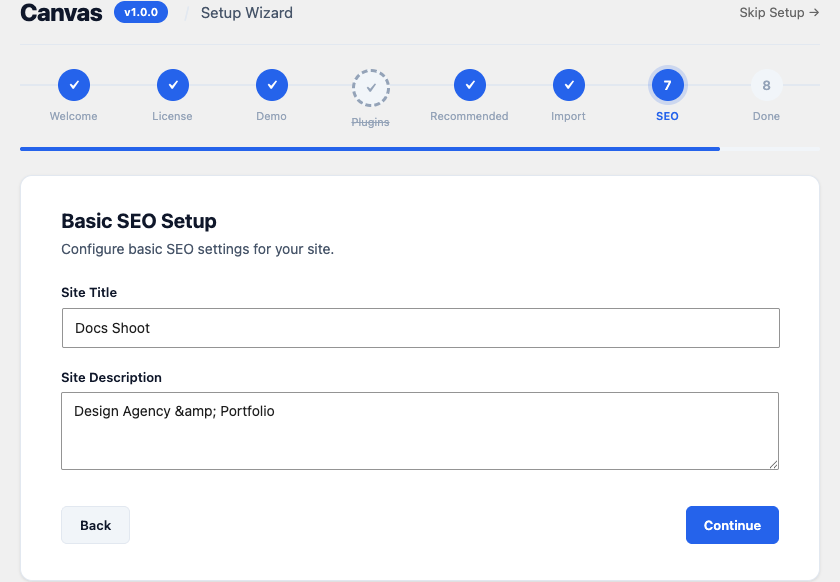 The Basic SEO Setup step of the Canvas setup wizard