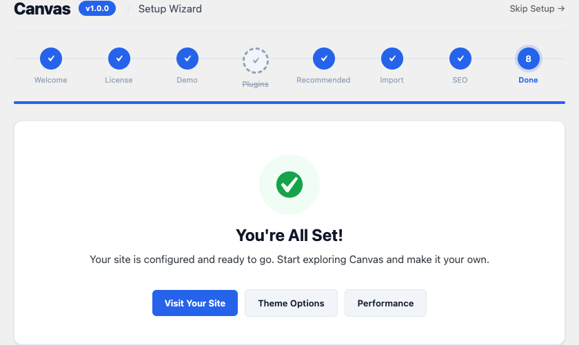 The final step of the Canvas setup wizard