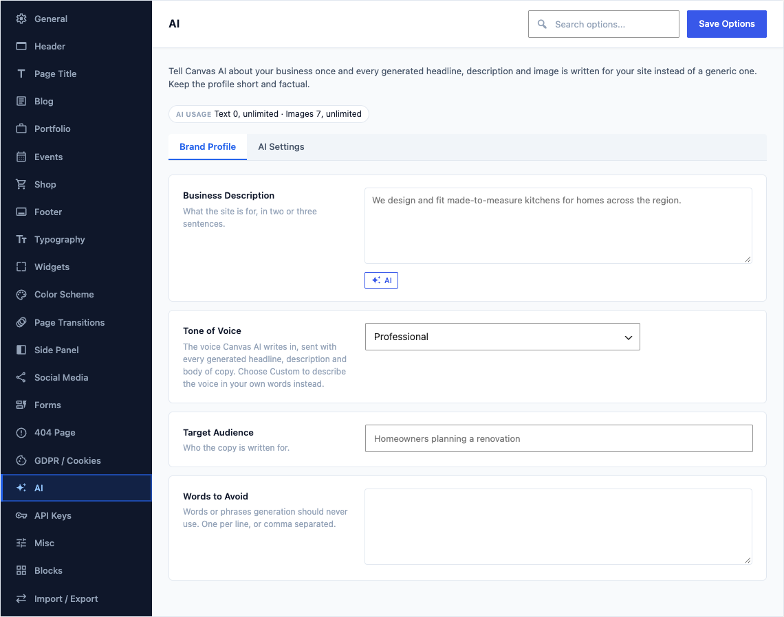 The AI tab of Canvas > Theme Options