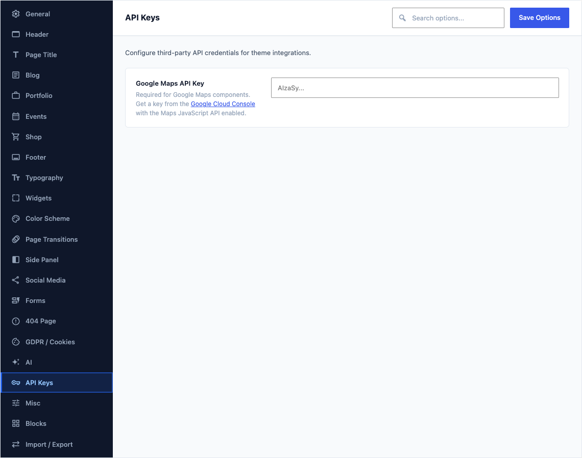 The API Keys tab of Canvas > Theme Options