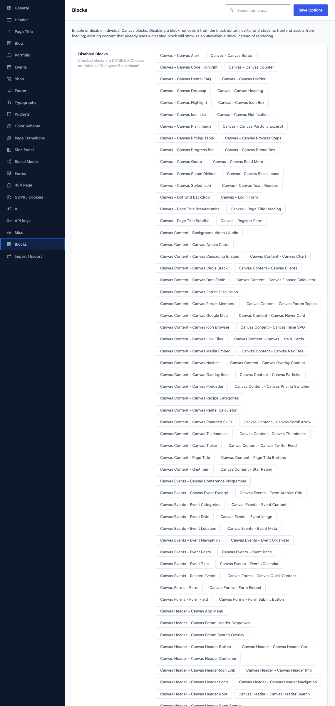 The Blocks tab of Canvas > Theme Options