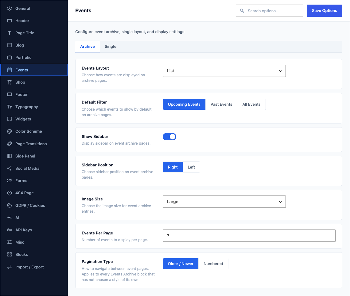 The Events tab of Canvas > Theme Options