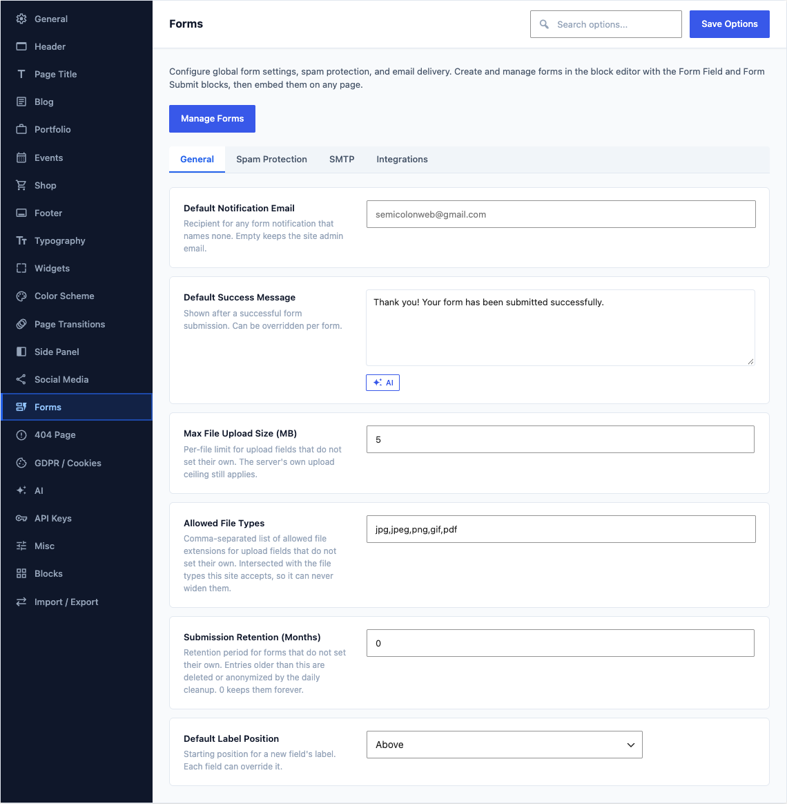 The Forms tab of Canvas > Theme Options