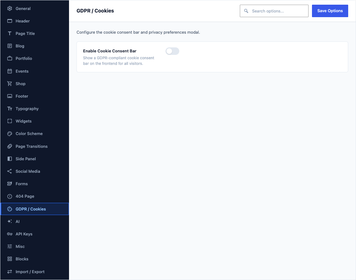 The GDPR / Cookies tab of Canvas > Theme Options