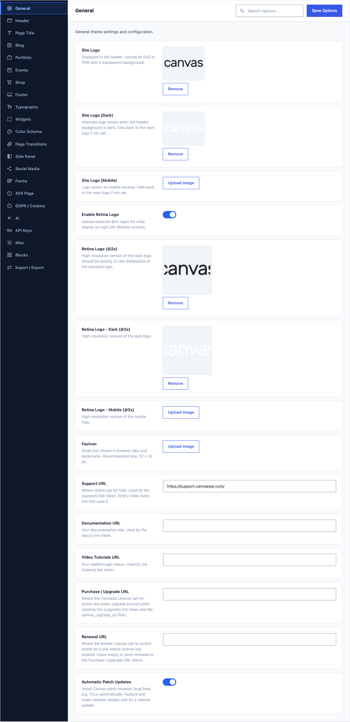 The General tab of Canvas > Theme Options