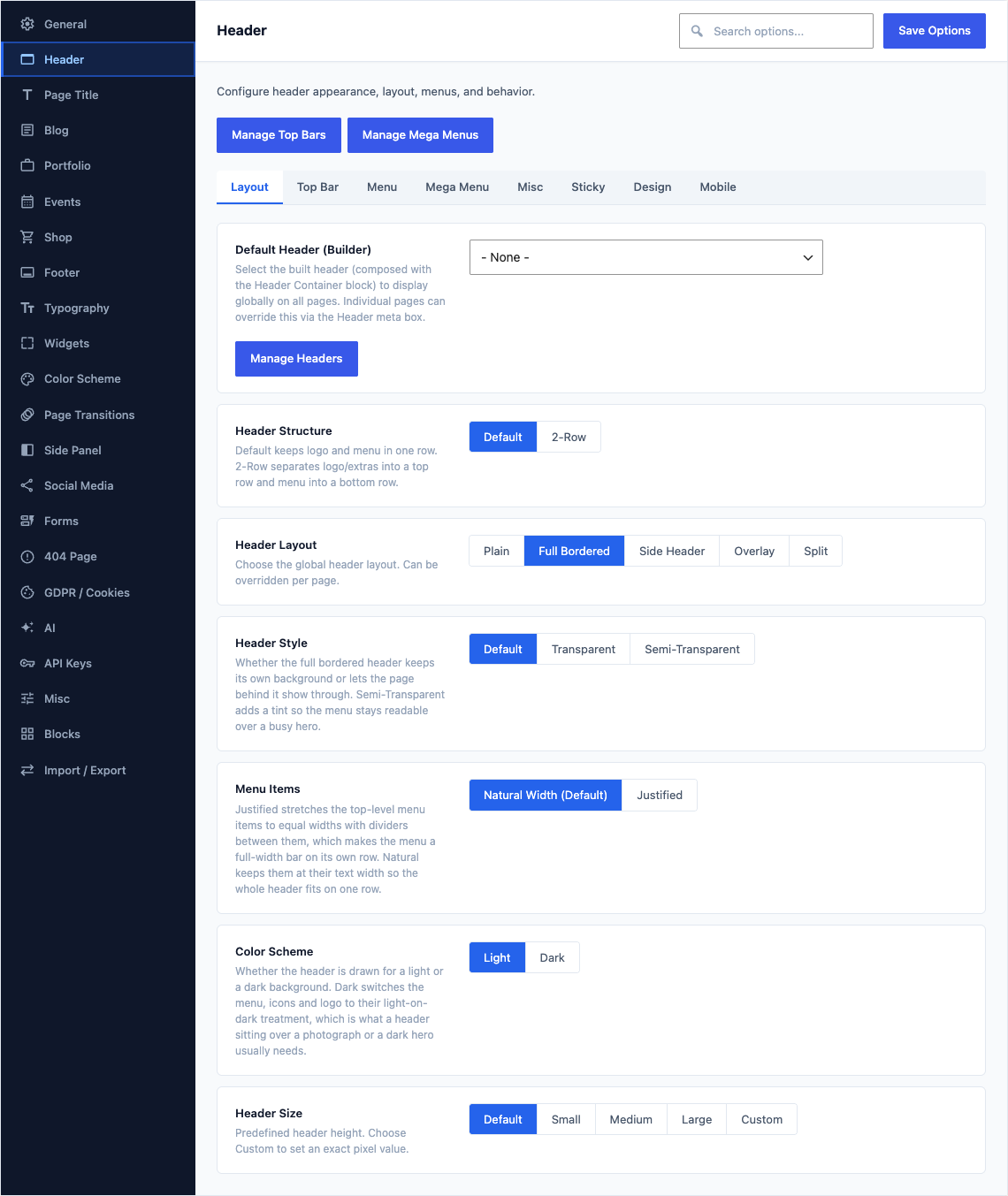 The Header tab of Canvas > Theme Options