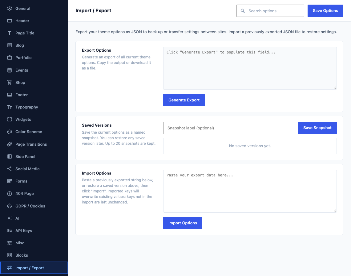 The Import / Export tab of Canvas > Theme Options