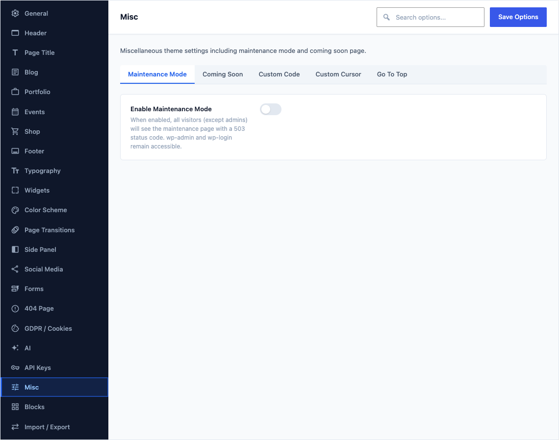 The Misc tab of Canvas > Theme Options