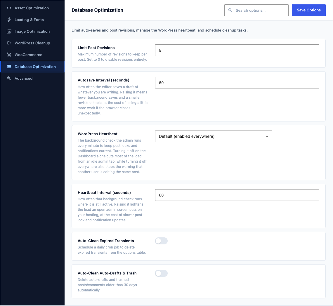 The Database Optimization tab of Canvas > Performance