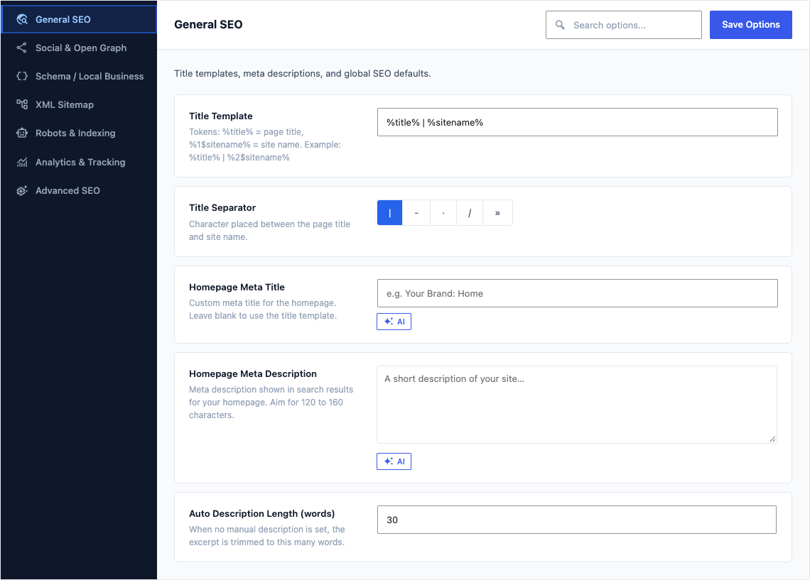 The General SEO tab of Canvas > Seo