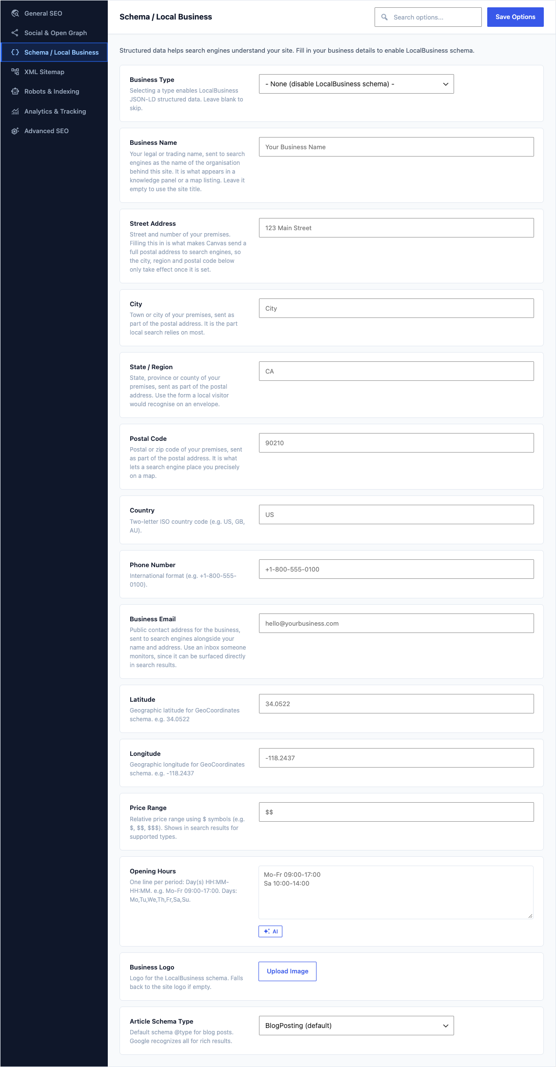 The Schema / Local Business tab of Canvas > Seo