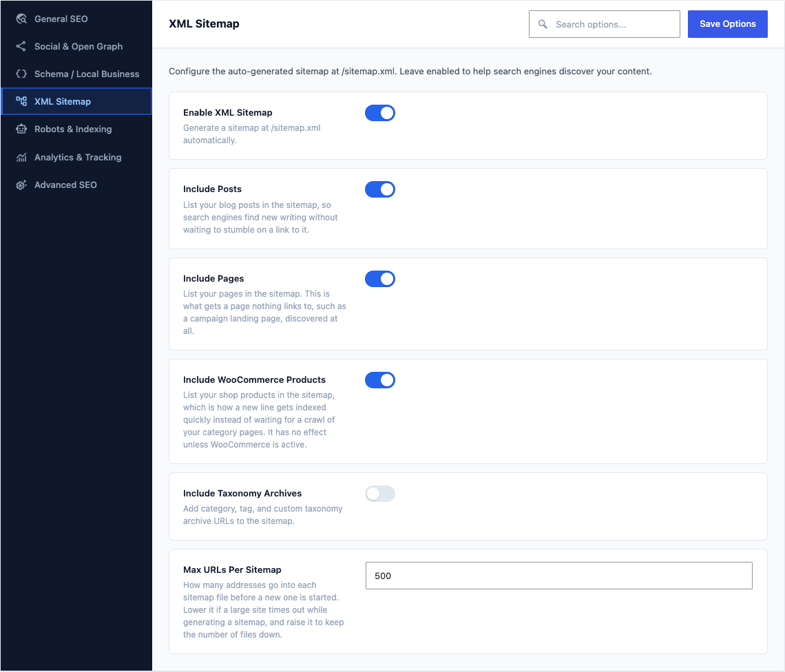 The XML Sitemap tab of Canvas > Seo