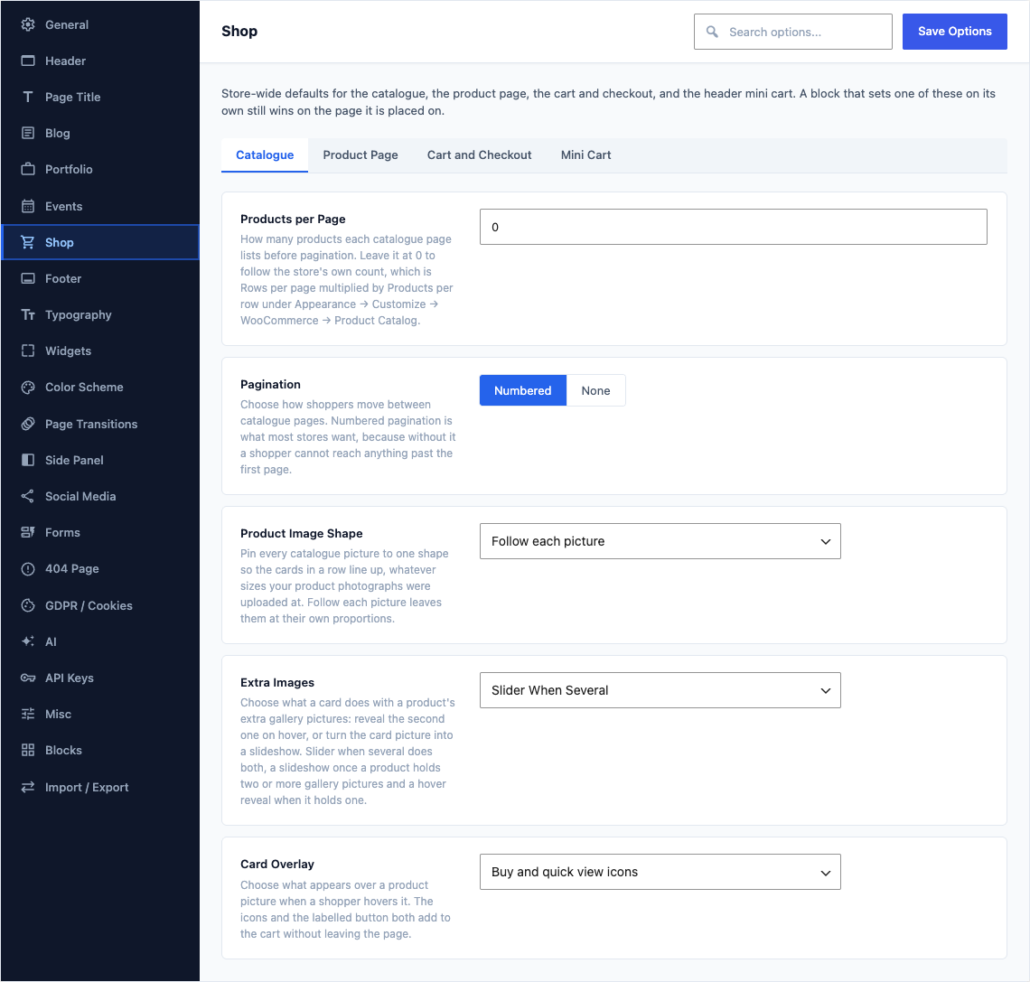 The Shop tab of Canvas > Theme Options