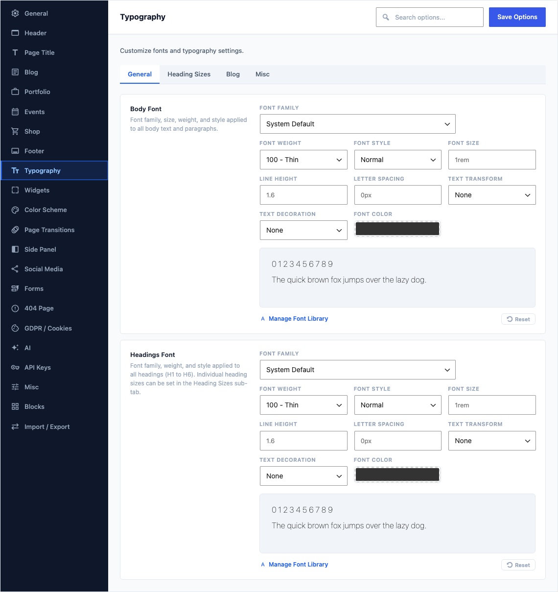 The Typography tab of Canvas > Theme Options